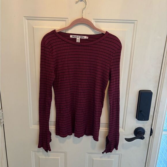 Anthropologie Michael Stars Red and Black Striped Long Sleeve Top Sleeve Detail - Picture 7 of 8